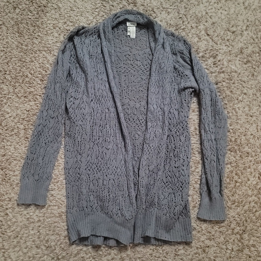 Matilda Jane Cardigan Womens XL Grey Pointelle Knit Open Front Cotton Wool Blend